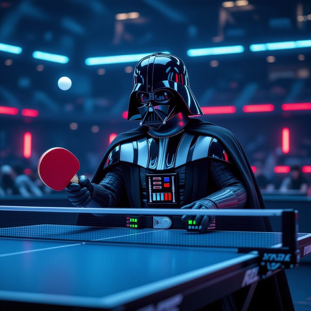 Darth Vader Plays Intense Table Tennis in Neon Arena