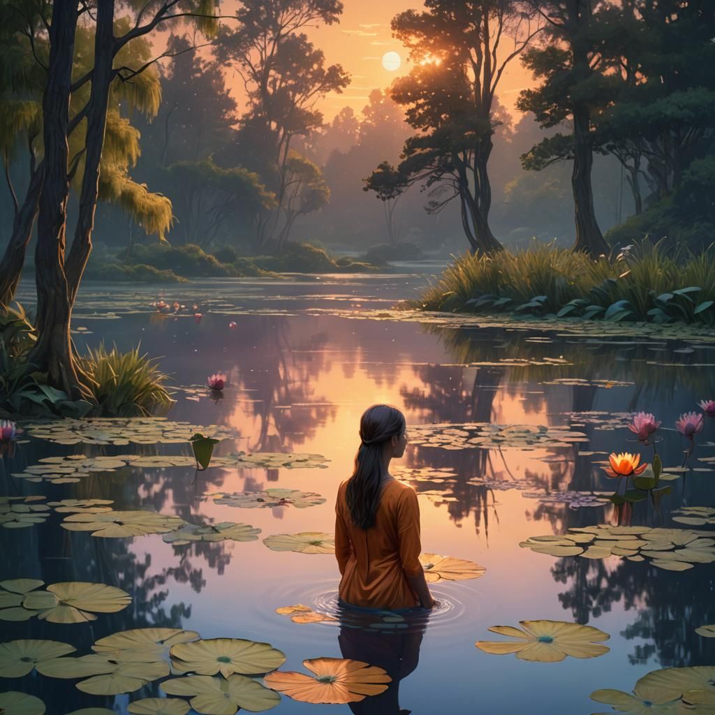 Orange Figure by Lake at Dusk