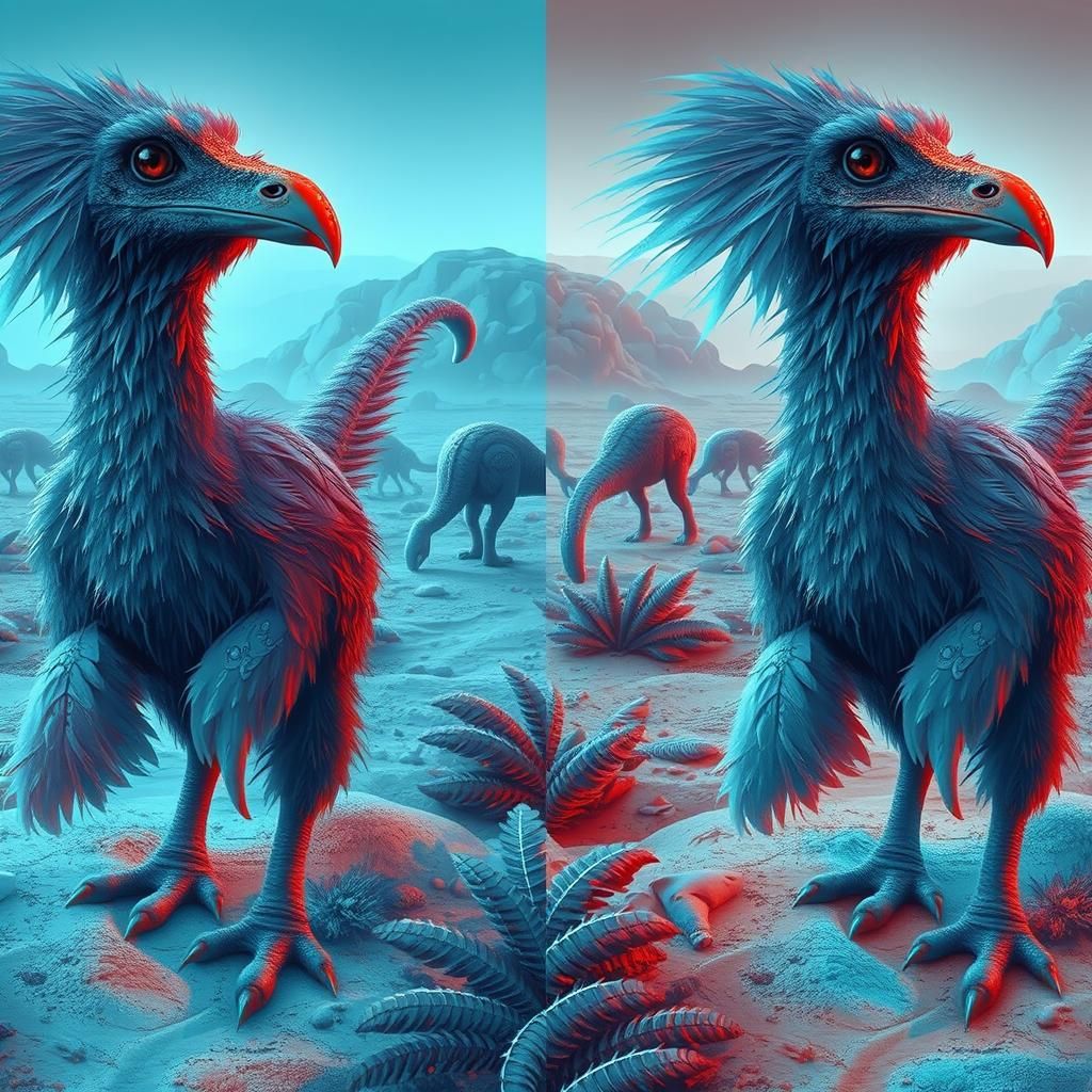 Stereoscopic Moa-Brontosaur Cryptid with Red and Blue Overla...