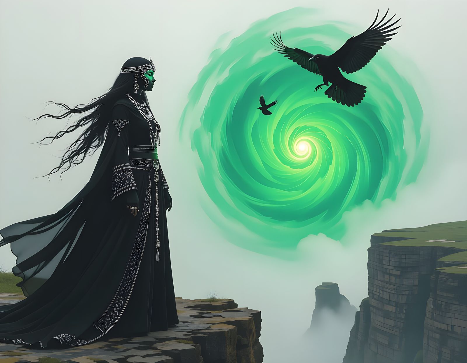 Wiccan Priestess and Emerald Energy Vortex in Digital Art St...