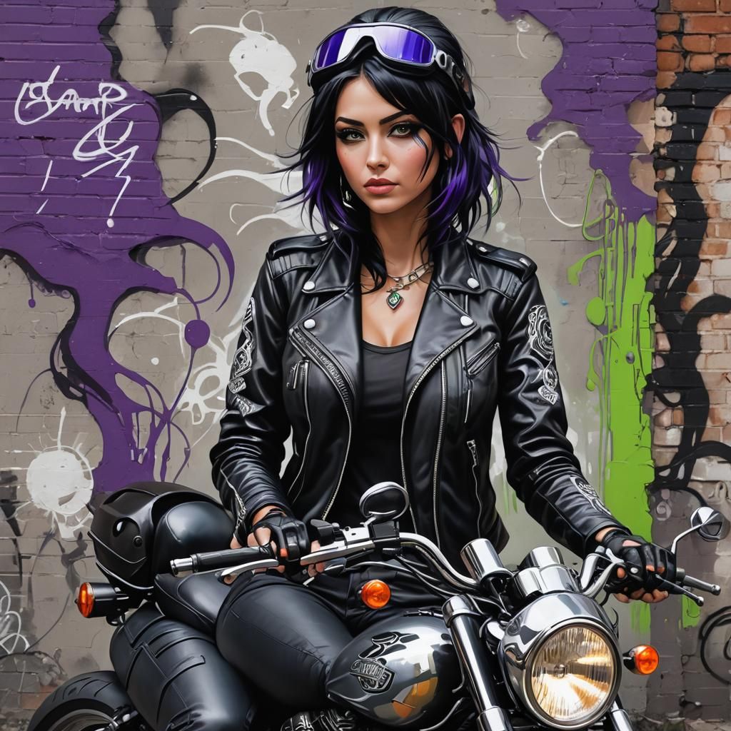 Biker Girl with Purple Highlights in Graffiti Art