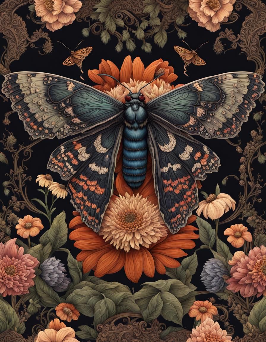Dark Academia Moth and Flowers in Rich Colors