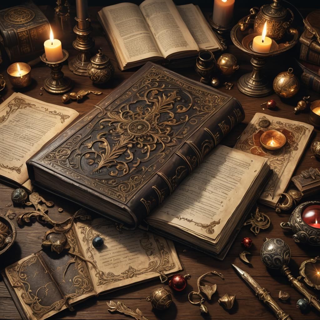 Ornate Old Book on Oak Table, Dark Fantasy Art