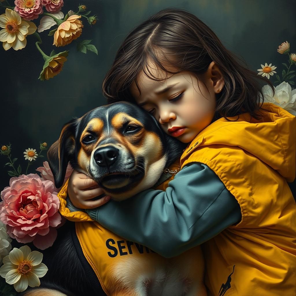 Girl Comforted by Service Dog in Ukiyo-e Style