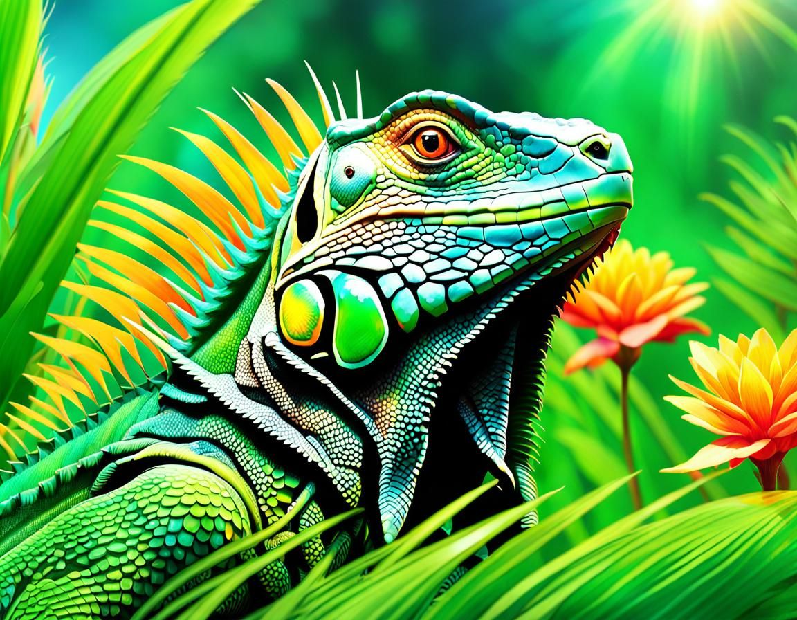 Iguana in Lush Greenery: Hyper-Realistic Digital Painting