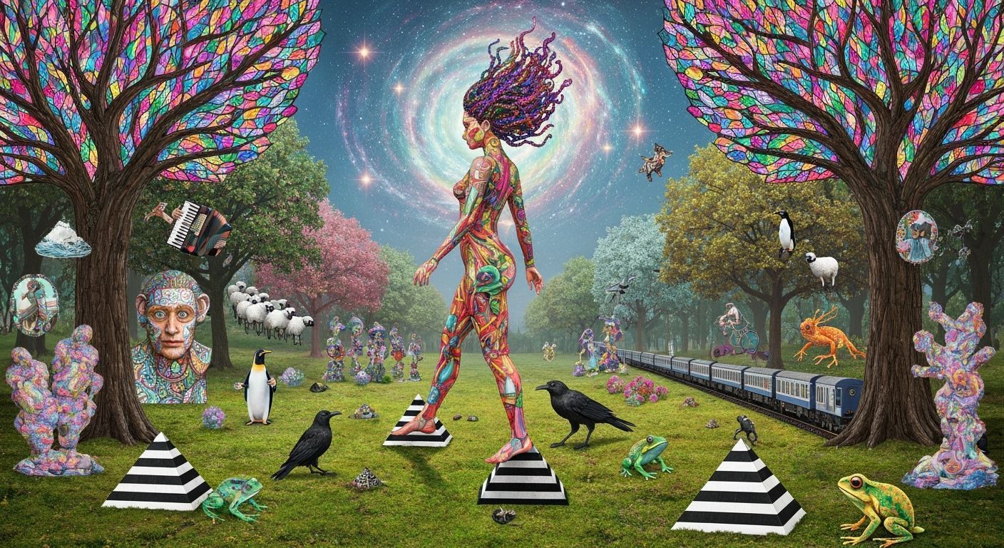 Surreal Woman on Pyramids with Glowing Frogs