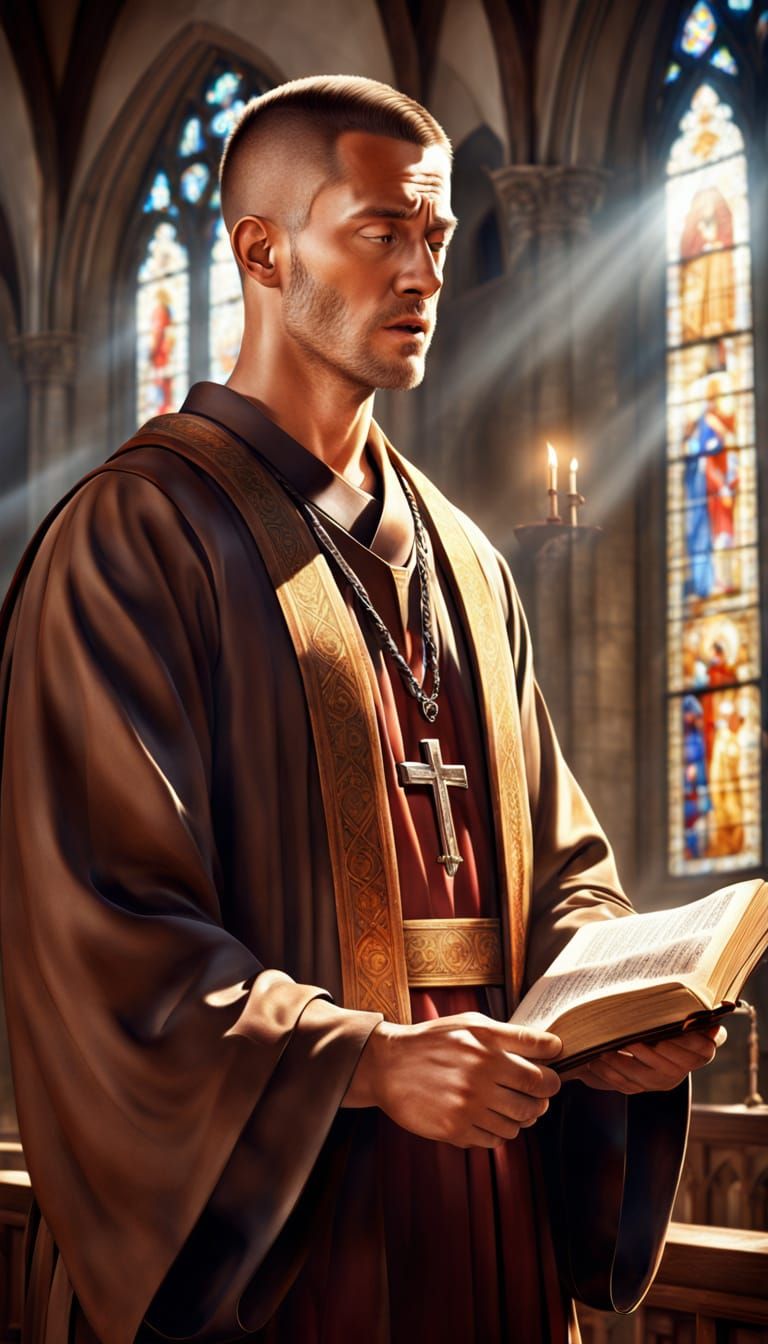 Handsome Monk Sings Hymns in Ancient Church with Stunning St...