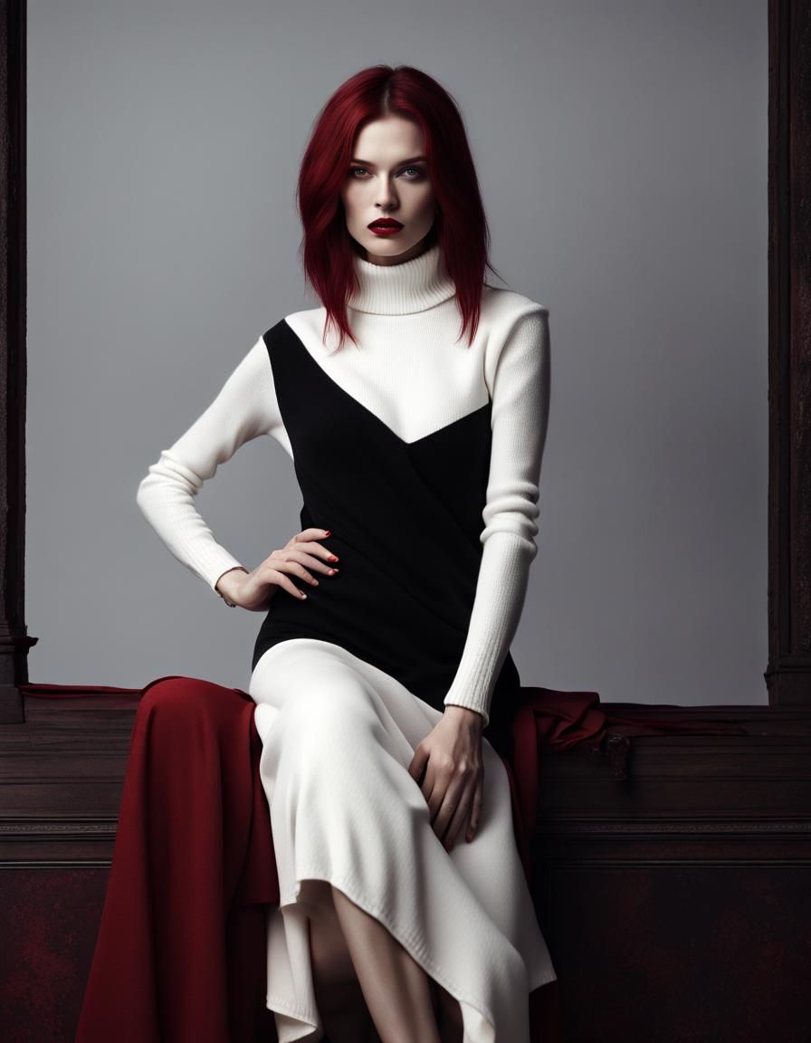 1990s, Model dark red hair black dress wearing a white Crimson jumper, fashion shot in a studio,