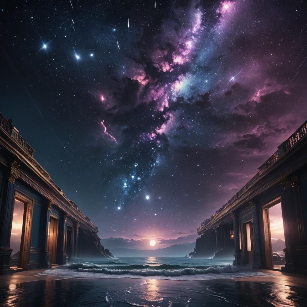Atmospheric Ocean Room with Starry Sky: Digital Matte Painti...