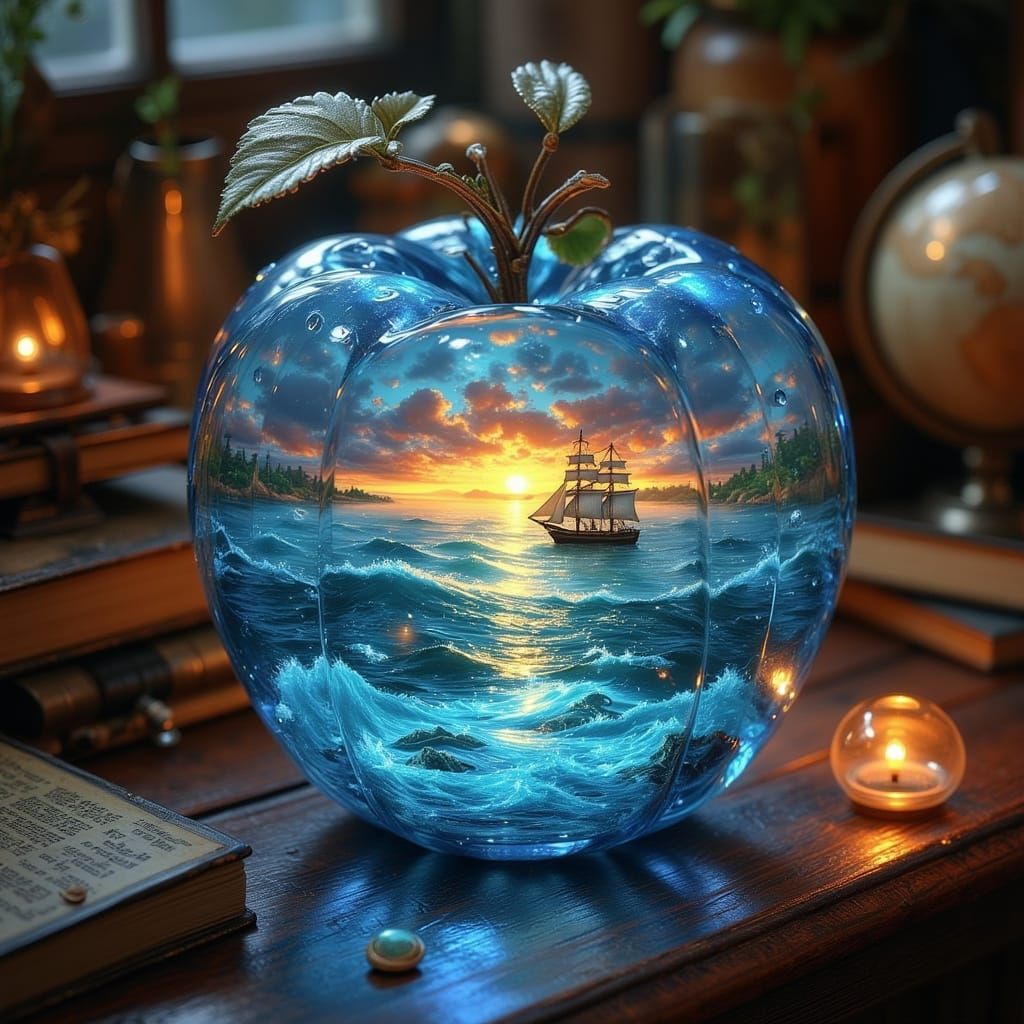 Luminous Crystal Apple in Sunset Office Scene