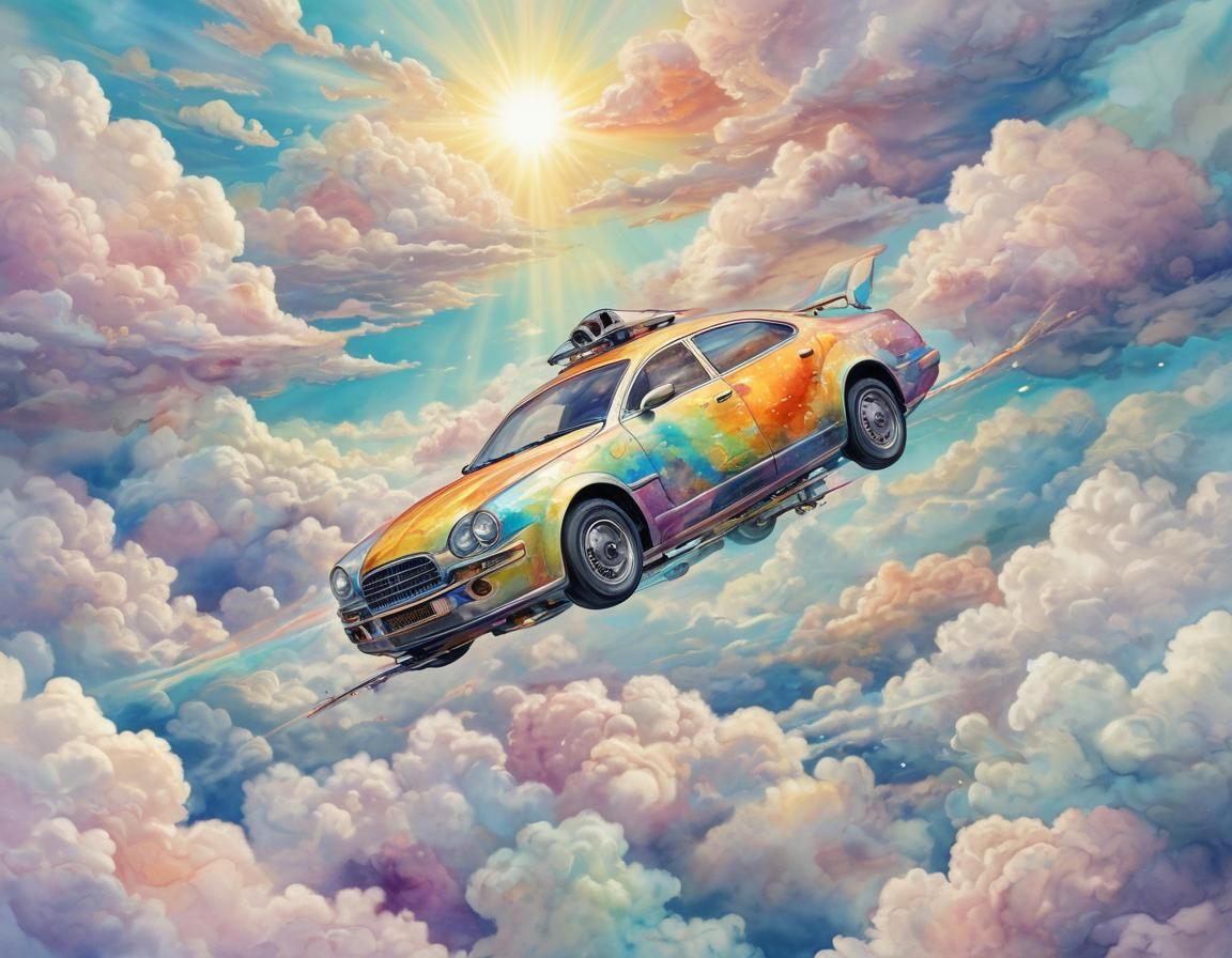Surreal Flying Car Amidst Heavenly Clouds