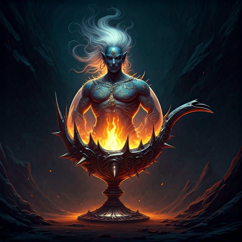 Genie in Ornate Lamp: Dark Fantasy Illustration