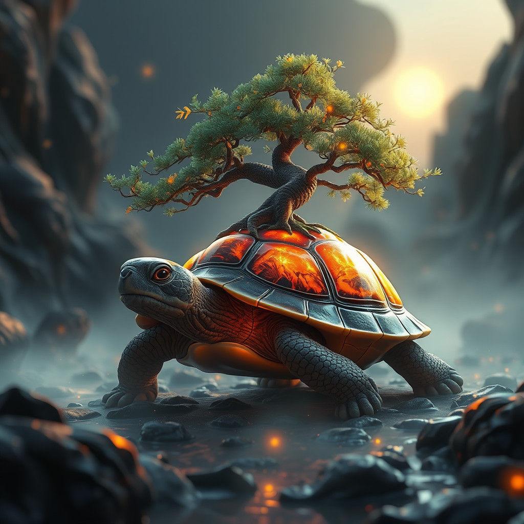 Mystical Turtle with Bonsai Tree in Matte Painting Style
