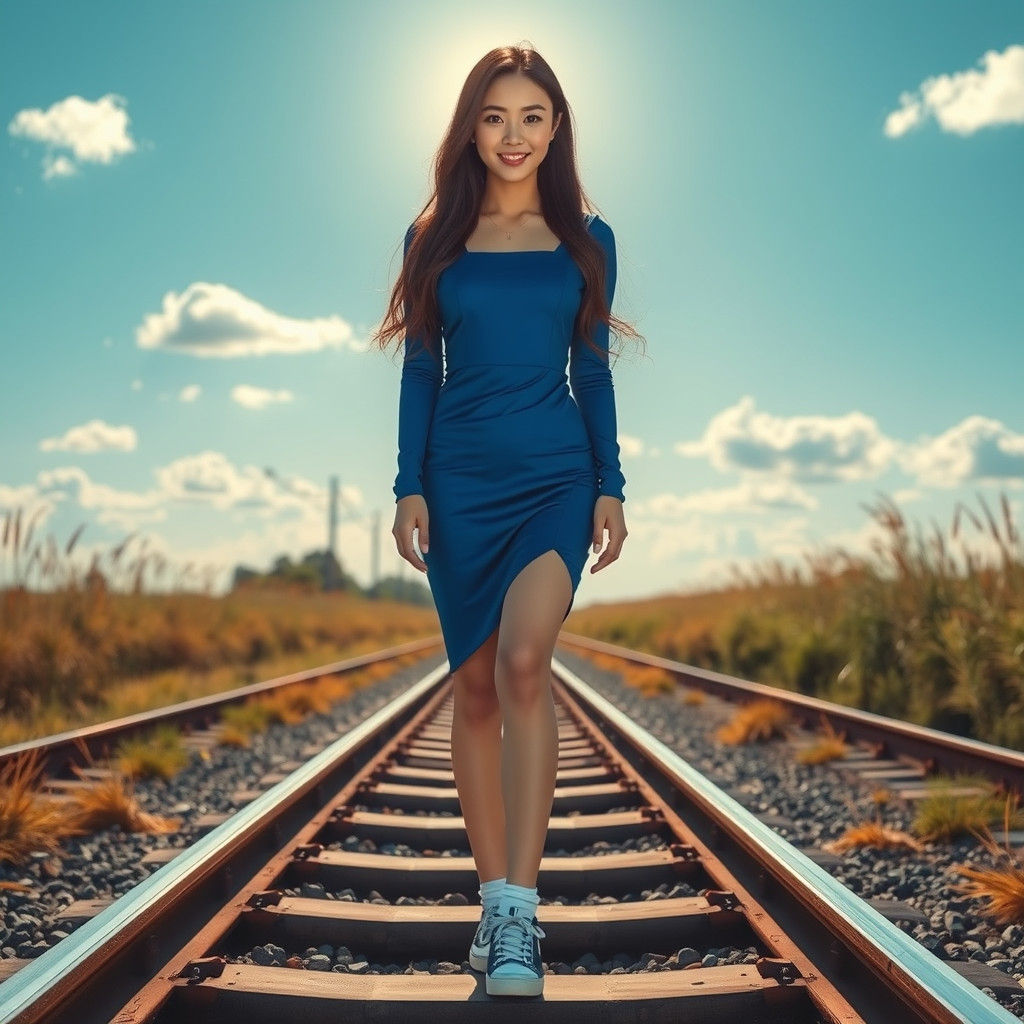 Korean Woman on Train Tracks in Photorealistic Style