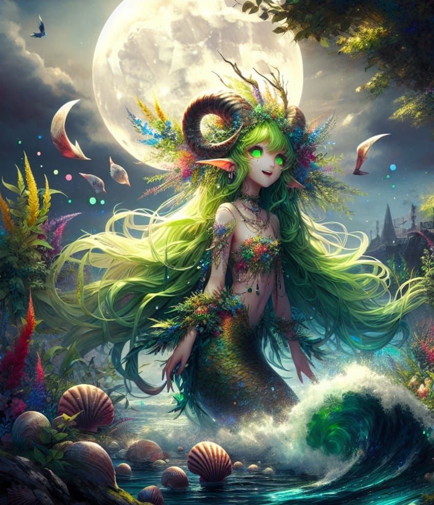 Anime Mermaid Satyr Gazing into Misty Moonlight