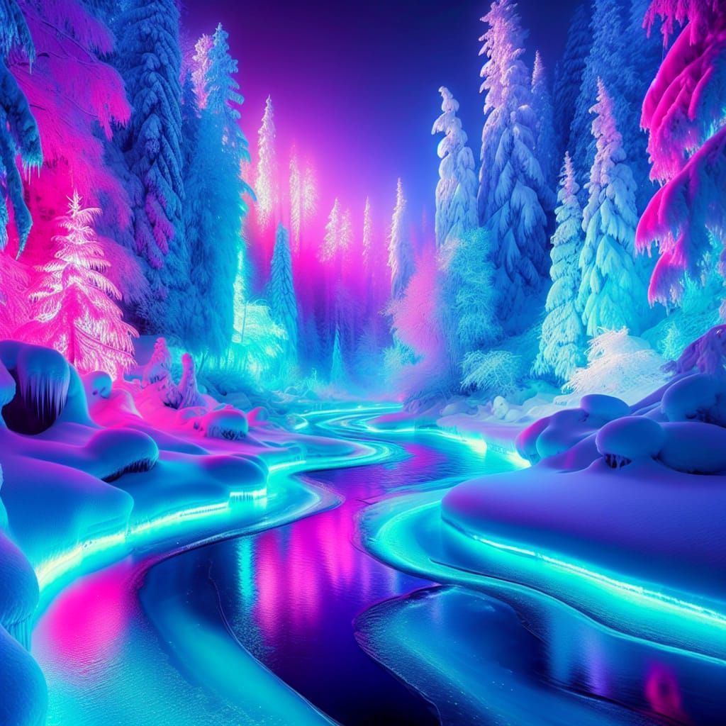 magical neon winter wonderland with a river in a forest