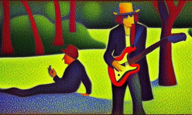 Keith Richards in Park: Pointillist Oil Painting