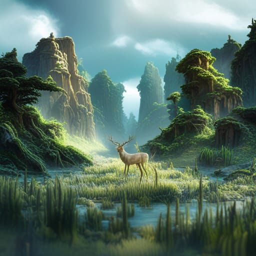 Green Deer in Summer Forest: Detailed Matte Painting
