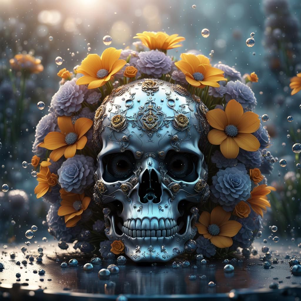 Dew-Kissed Skull Surrounded by Flowers in Sci-Fi Style