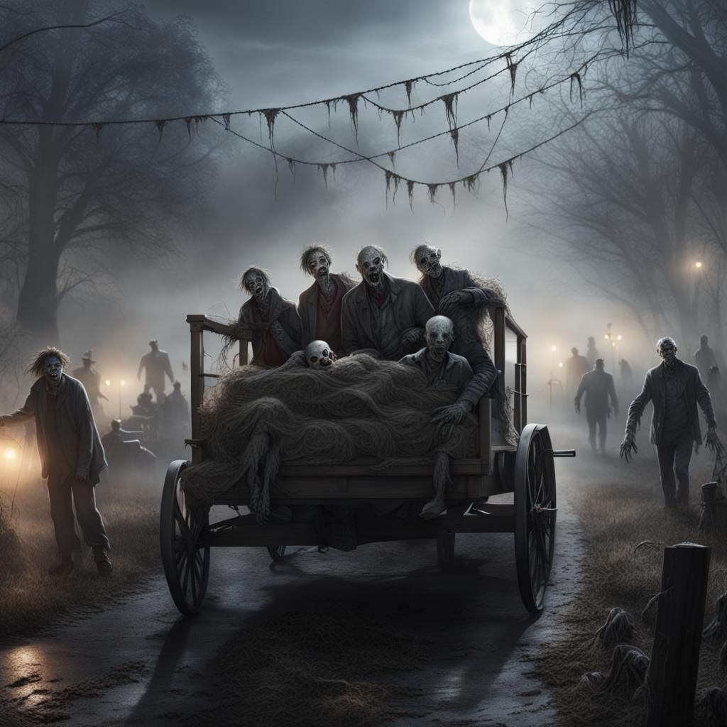 detailed haunted hay ride, zombies, mist, spider webs, detailed matte painting