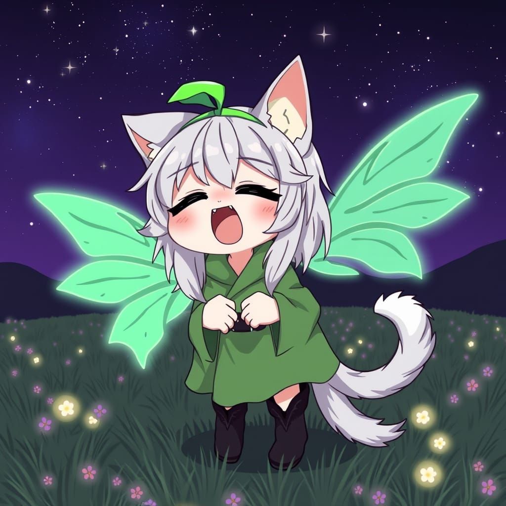 Adorable Anime-Style Catgirl in Whimsical Synthwave Setting