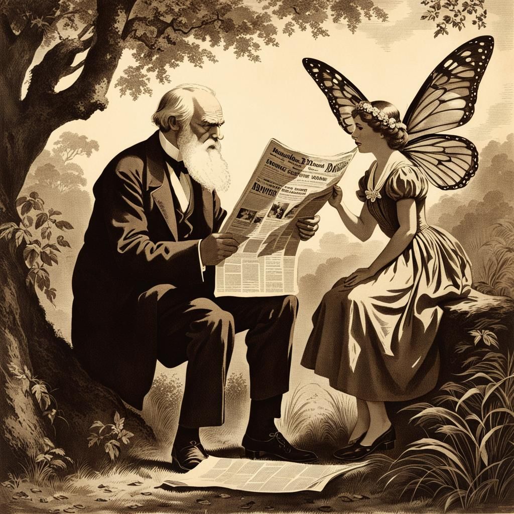 Darwin and Fairy Debate in Sepia Tone