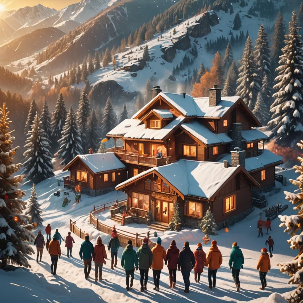 Festive Christmas Celebration in Snowy Mountains: Digital Ar...