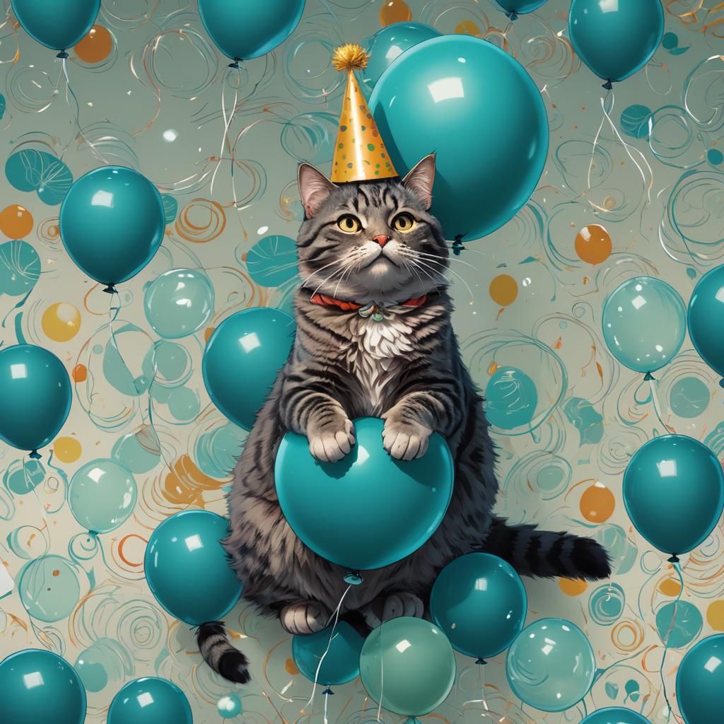Cat in Party Hat on Balloon, Ghibli Style