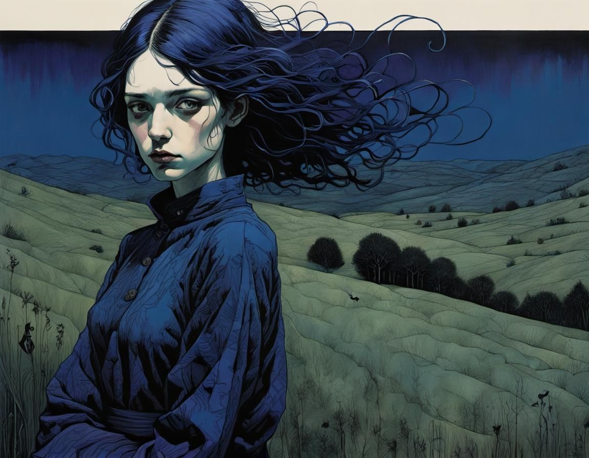 Vibrant Figure in Blue Dress, Dark Art Style