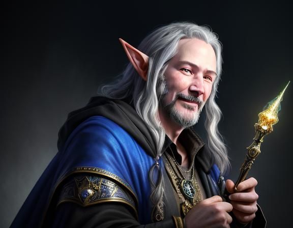 Fantasy realism of a very tiny old hairy wizard elf with eyes of wisdom, grinning