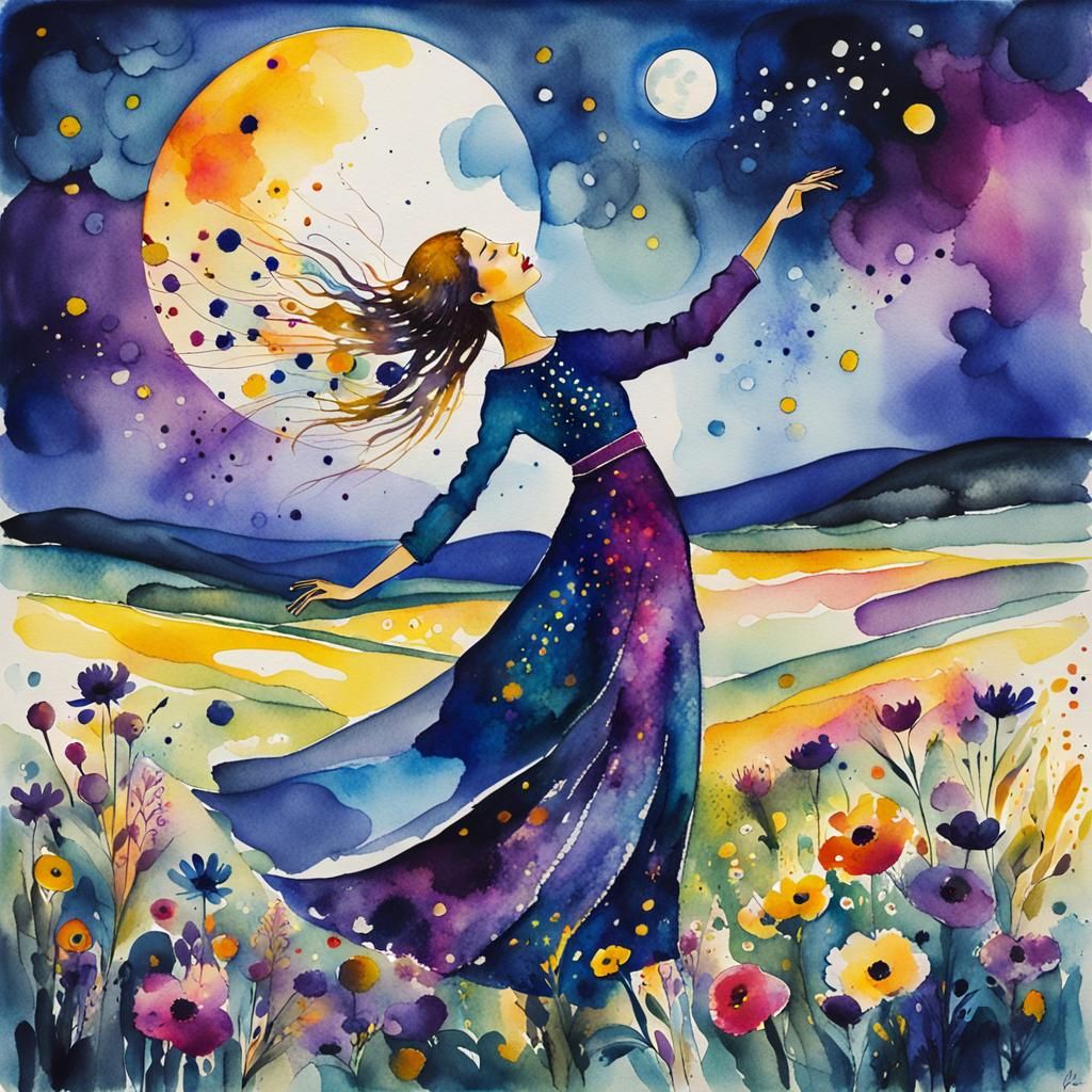 Expressionist Watercolour of Dancer in Moonlit Meadow