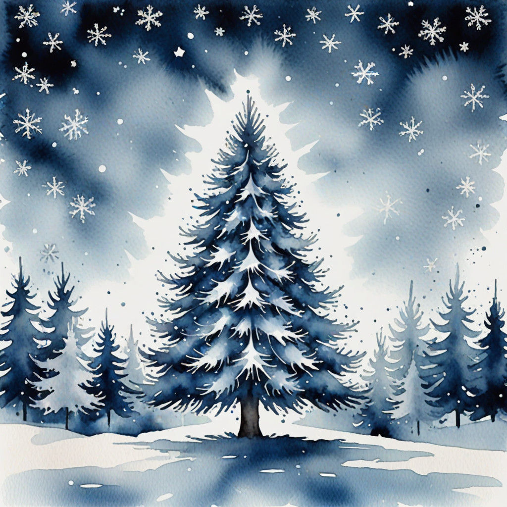 Modern Watercolour Christmas Tree in Falling Snow