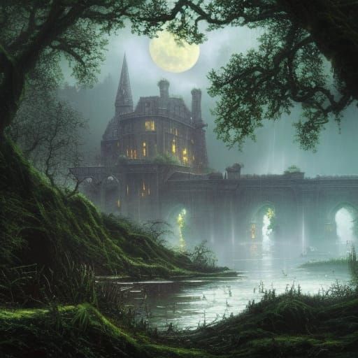 Epic Ruined Castle Under Lightning, Dark Fantasy Art