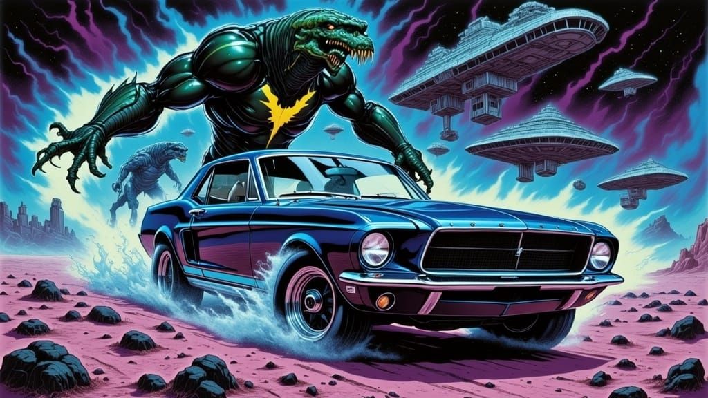 Galactic 1967 Ford Mustang in Psychedelic Space