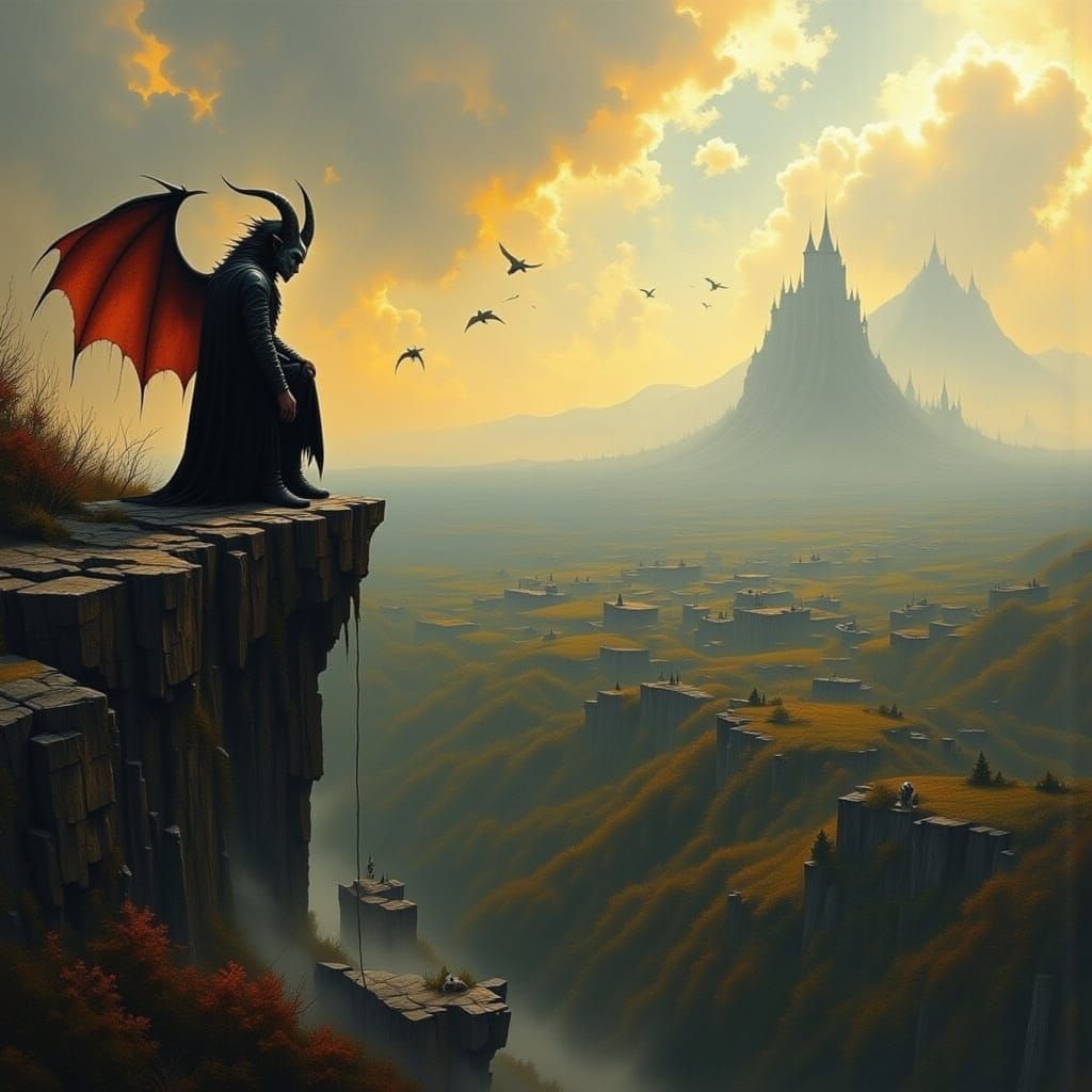 Lonely Demon Contemplates Village From Cliffside