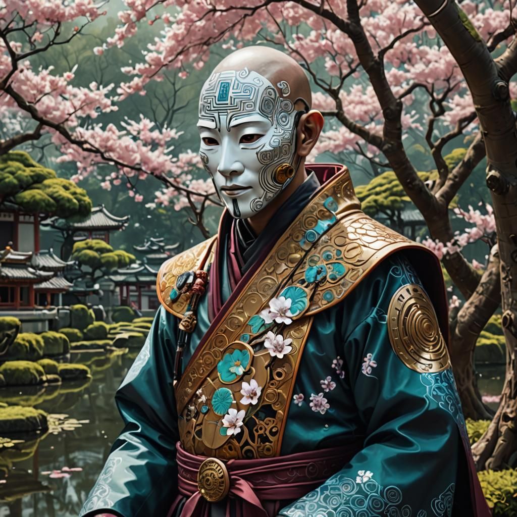 Cybernetic Monk in Serene Garden: Cyberpunk Art