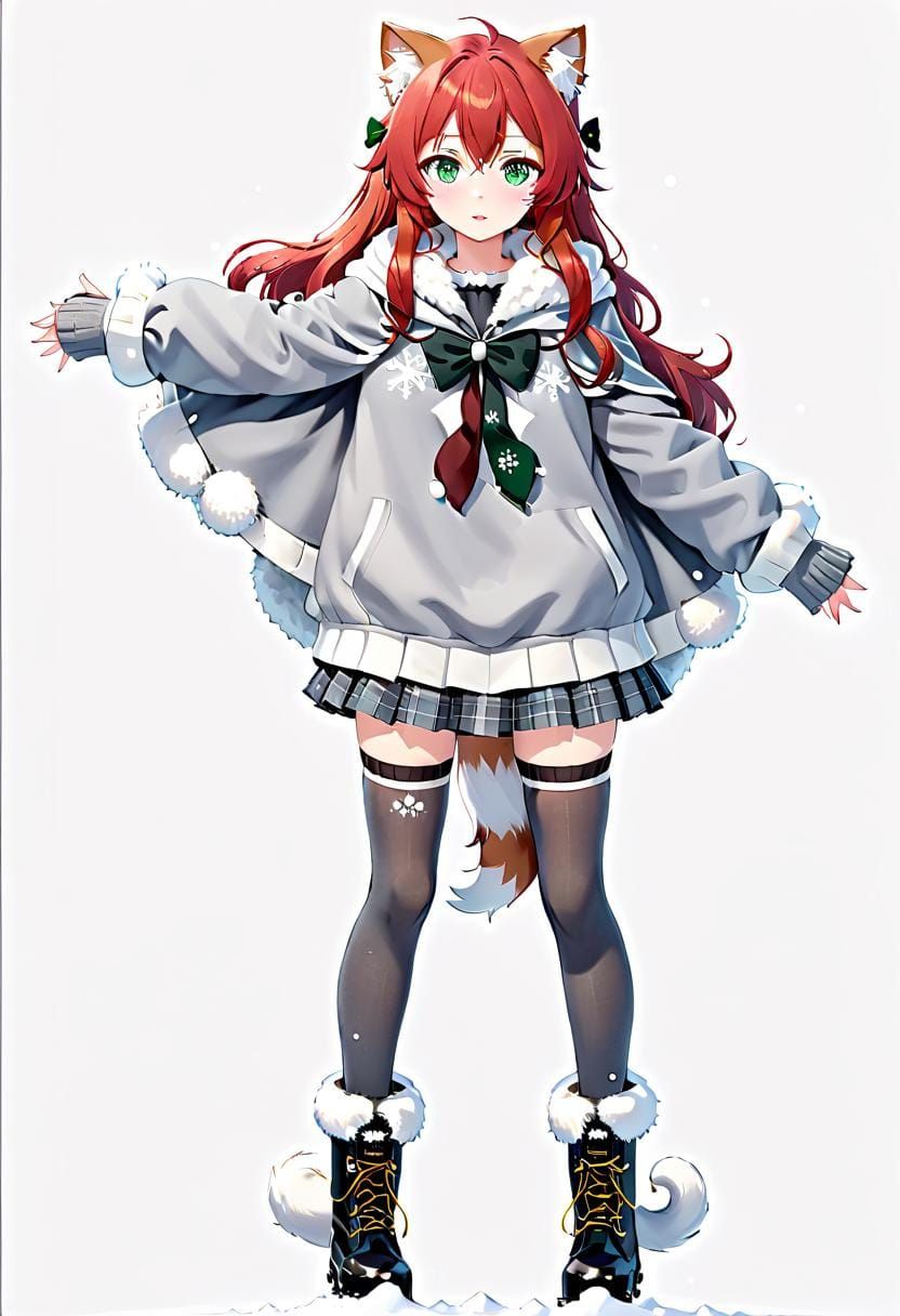 Anime Girl in Cat Cape with Red Hair