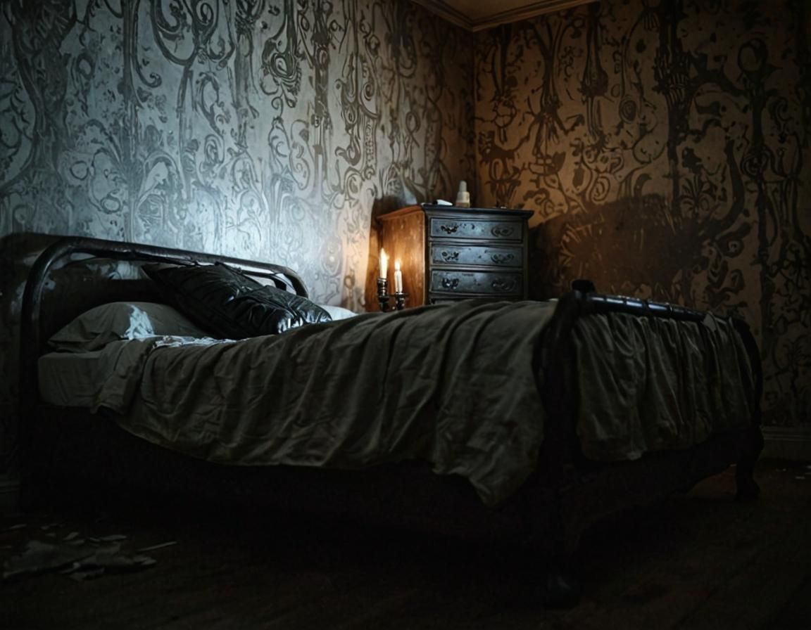 Eerie Creaking Bed in Dimly Lit Horror Room