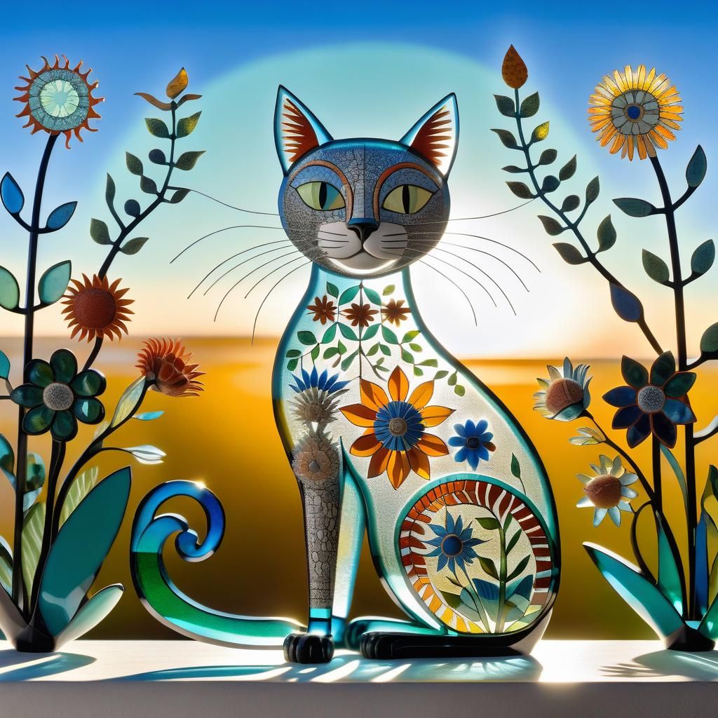 Whimsical Glass Cat Suncatcher in Folk Art Style