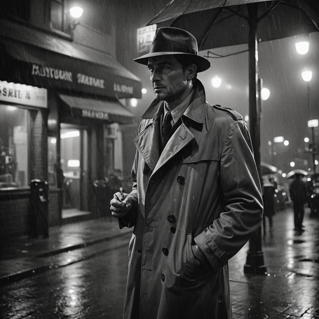 Film Noir: Man in Fedora on Rainy Night