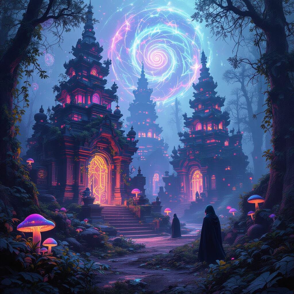 Surreal Dreamscape: Fractal Temples in Misty Forest