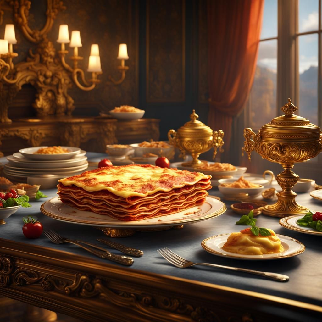 Delicious Lasagnas on Golden Table, Matte Painting