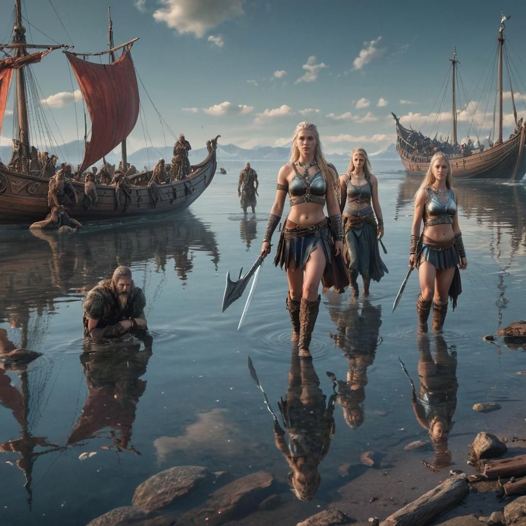Viking Warriors and Drakkar Ships on Shore