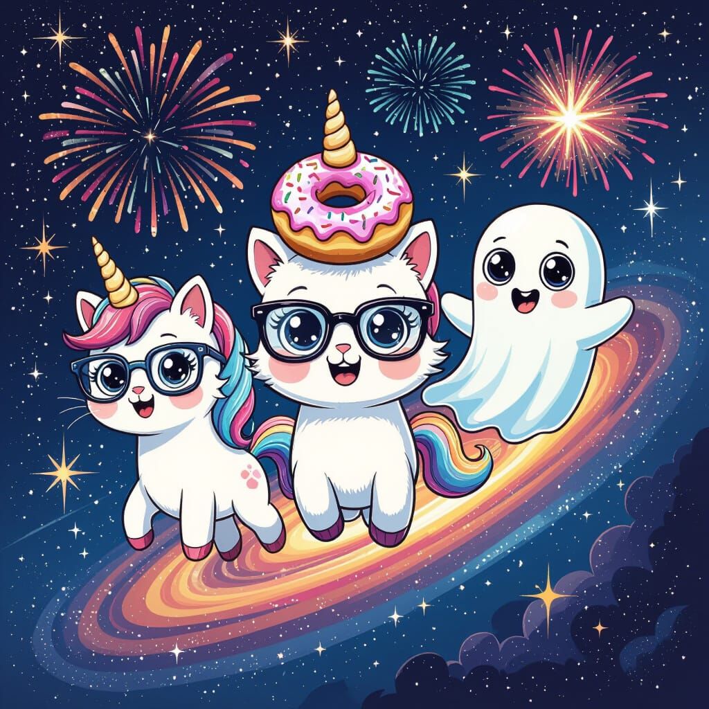Cute Unicorn, Cat, and Ghost in Cosmic Adventure