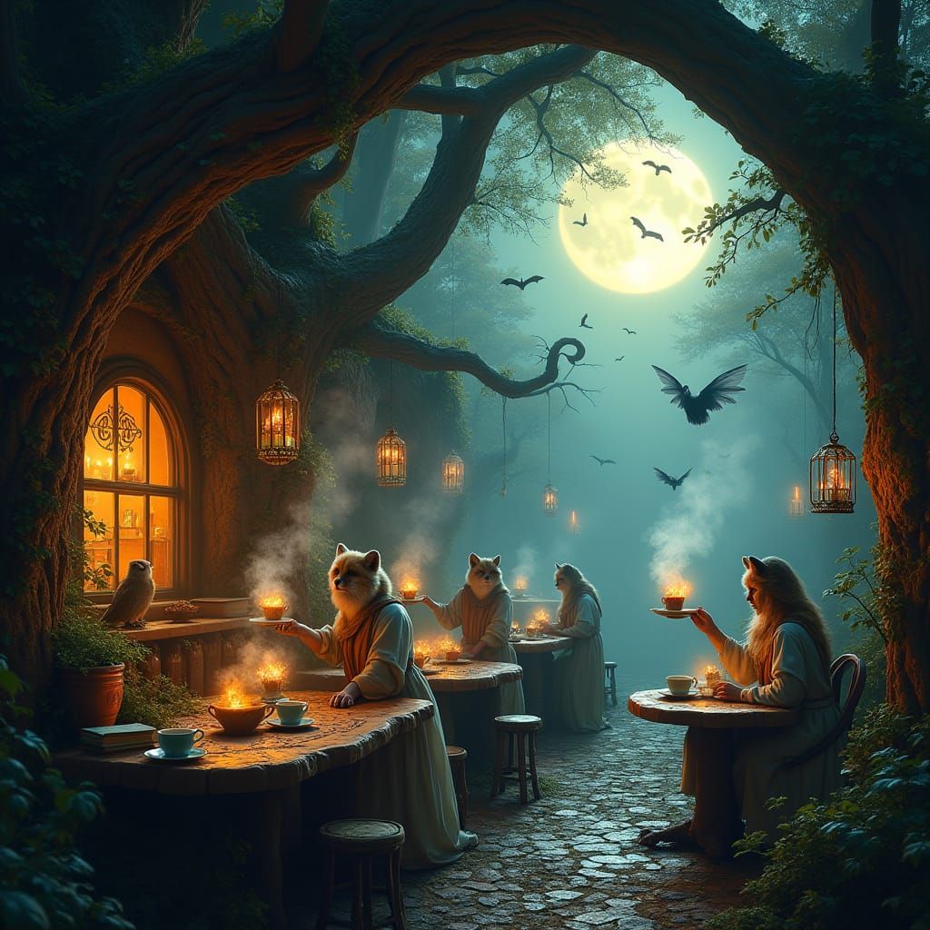 Enchanted Forest Cafe Under Full Moon