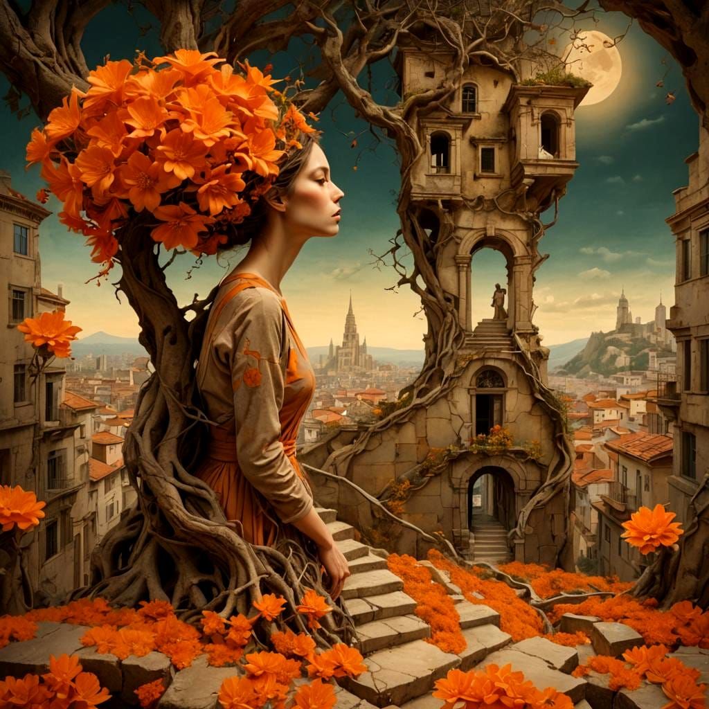 Surreal Woman with Blooming Orange Flowers