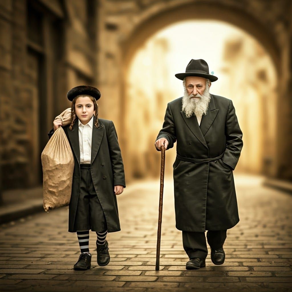 A Young Orthodox Boy Assists an Elderly Man with Grocery Bag...
