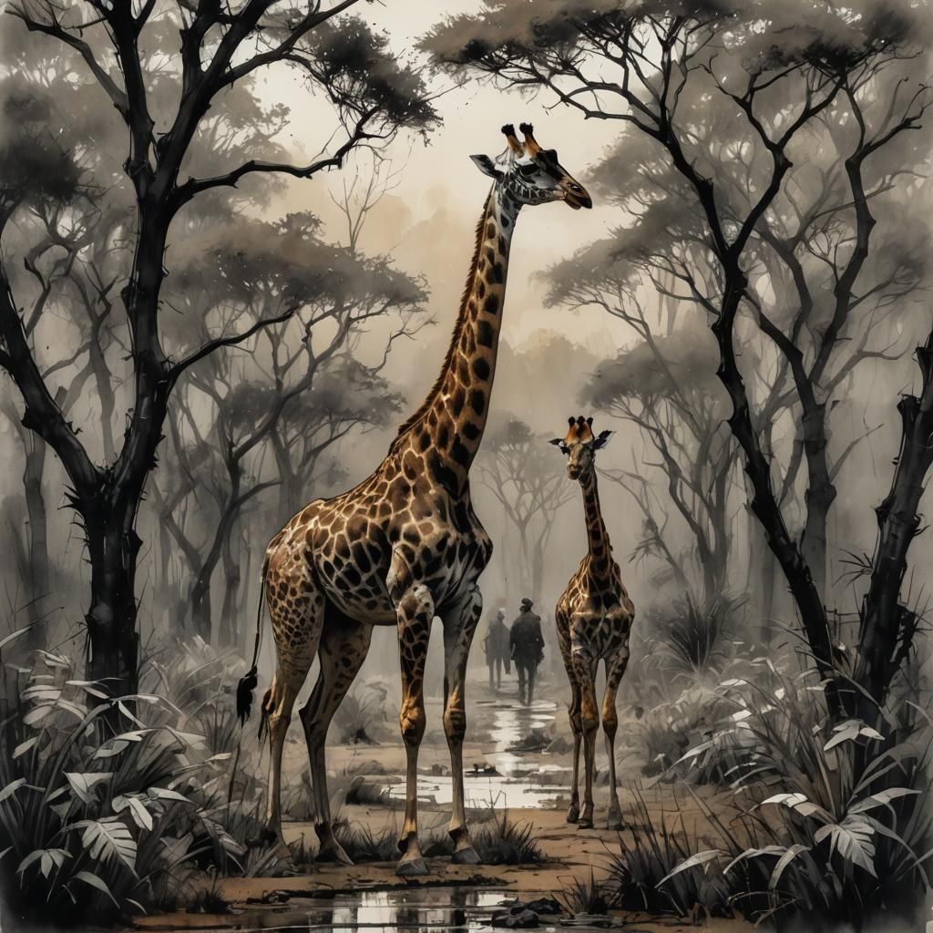 African Safari Scene in Expressive Wet Ink Drawing