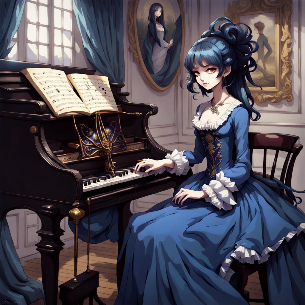 Gothic Woman Plays Harpsichord in Anime Style