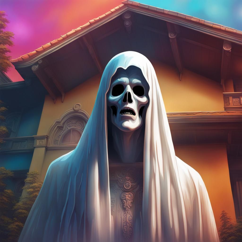 Shining Ghost Haunts Villa: Hyperrealistic Digital Art